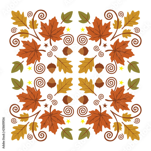 Ornate autumn illustration with maple and oak leaves, acorns and decorative floral swirls.