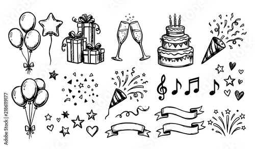 Festive Party Sketch Icons – Hand Drawn Doodle Elements for Invitation and Poster