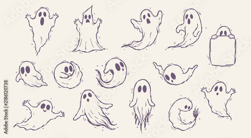 Foto Hand drawn cute ghost characters set with spooky expressions and doodle lines