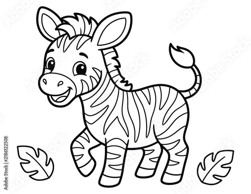 Cute cartoon baby zebra standing in nature for a fun and educational printable animal themed coloring page activity