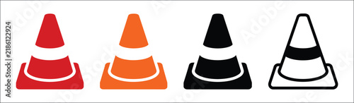 Traffic cone icon set, road safety symbols and construction zone warning signs for hazard caution, roadwork barriers and traffic control