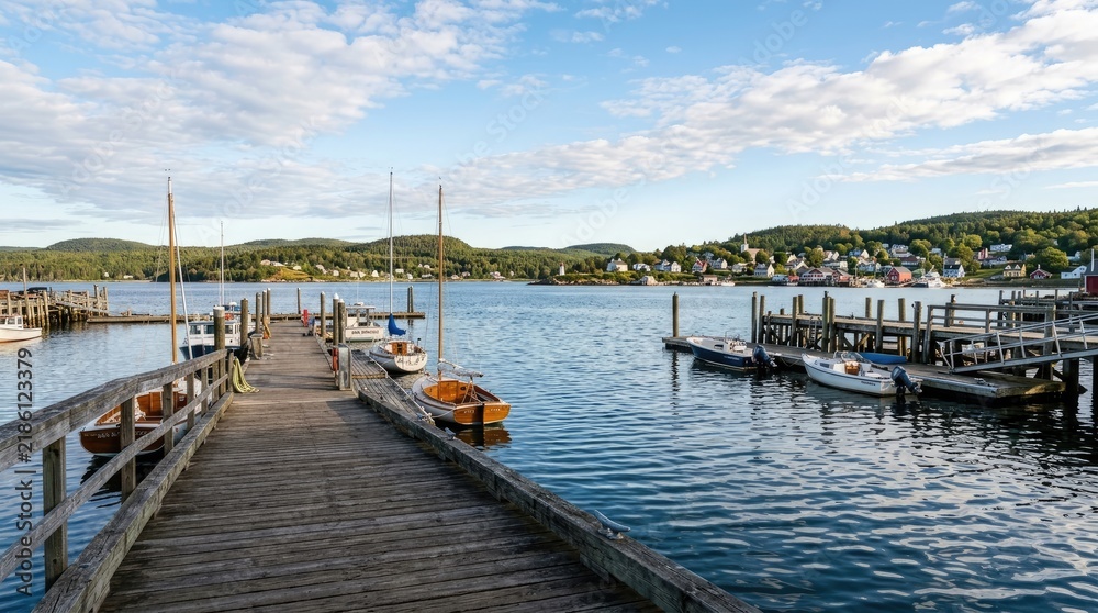 Fototapeta premium A wooden pier extends into a calm lake under a bright blue sky with fluffy white clouds. Several sailboats and small boats are docked along the pier.