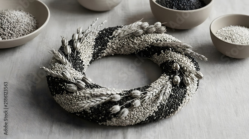 Decorative seed and grain wreath with assorted bowls.