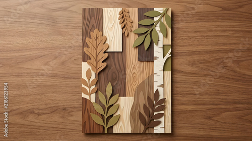 Decorative wooden leaf wall art on timber background.