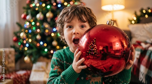 Child Holding Oversized Christmas Ornament with Festive Tree Reflections