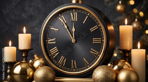 Elegant New Year Clock at Midnight with Golden Christmas Ornaments and Candlelight