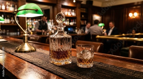 Obraz na płótnie Whiskey Decanter and Glass on Bar Counter with Vintage Lamp