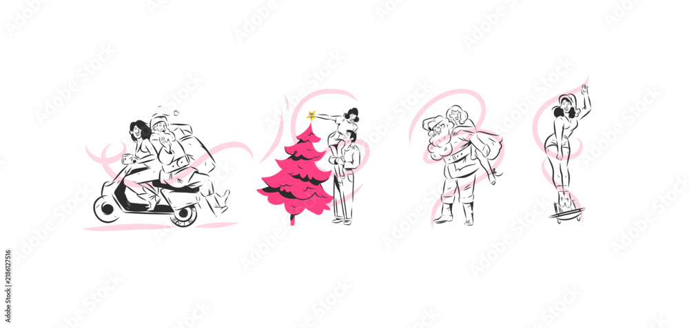 Obraz premium Christmas Couple and Santa Claus Holiday Vector Set, Romantic Winter Characters, Christmas Tree, Scooter Ride and Festive Hand Drawn Illustrations