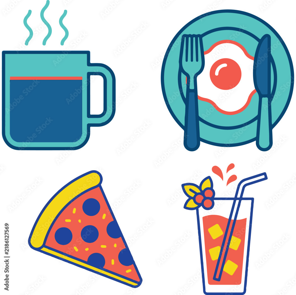 Fototapeta premium Set of colorful food and drink icons featuring coffee pizza breakfast and cocktail vector illustration