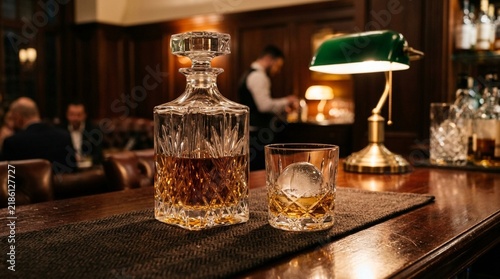 Obraz na płótnie Elegant crystal decanter and glass of whiskey with ice ball on bar counter