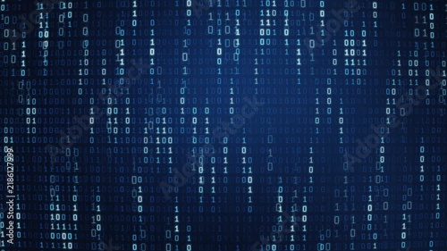 Digital Binary Code Falling on Dark Blue Screen Background