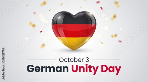 German Unity Day celebration banner, glossy heart with Germany flag colors, October 3 national holiday greeting with confetti