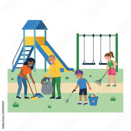 Diverse Group of Volunteers Cleaning Up Trash at Public Playground Vector Illustration