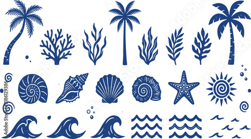 Blue Nautical Coastal Elements Vector Set Featuring Palm Trees Seashells Conch Shell Starfish Ocean Waves Coral Reef and Sun Silhouettes for Tropical Graphic Designs
