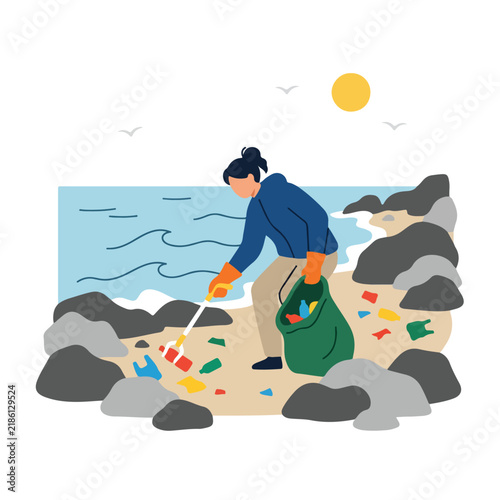 Volunteer cleaning plastic trash from beach ocean shore vector illustration