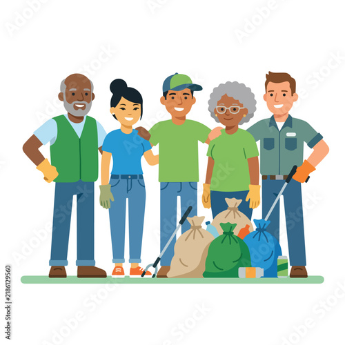 Community cleanup volunteers group standing with collected garbage bags, flat vector illustration