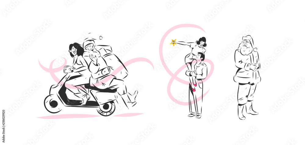 Obraz premium Santa Claus and Christmas Couple Vector Set, Hand Drawn Holiday People with Santa Riding Scooter, Romantic Couple and Festive Winter Characters Line Art Collection