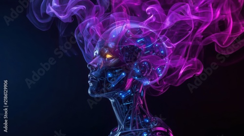 Futuristic robotic head with glowing purple smoke and metallic cybernetic surface details.
