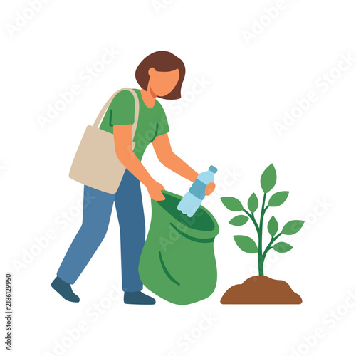 Volunteer woman collecting plastic bottle waste near green plant for environment cleanup concept vector illustration