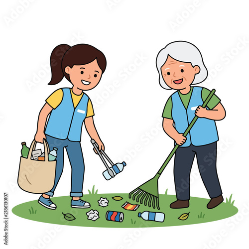 Volunteers cleaning up park litter, young woman and elderly woman collecting plastic trash and raking lawn