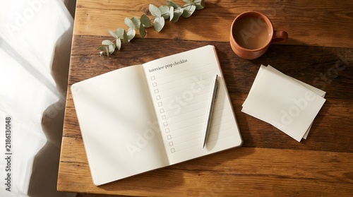 High angle view of an open notebook planner showing an interview prep checklist layout alongside a coffee mug on a rustic wood desk
