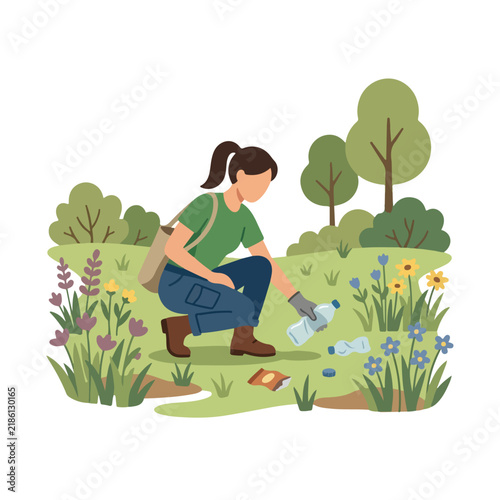 Volunteer Woman Picking Up Plastic Trash in Park Flat Vector Illustration