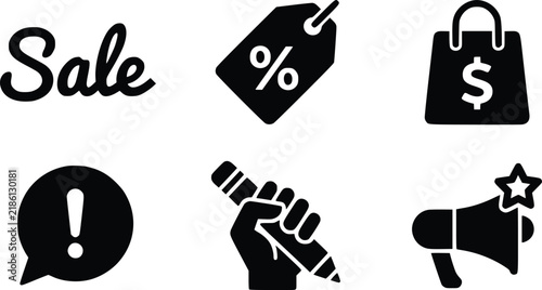 Canvastavla Shopping icons set featuring black vector silhouettes of sale tags, money bags,