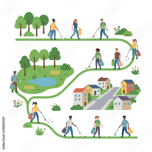 Volunteers cleaning up trash along path through neighborhood park and residential area flat vector illustration