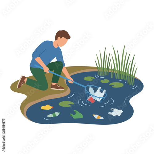 Volunteer cleaning plastic waste and garbage from pond water with scoop net, environmental conservation illustration