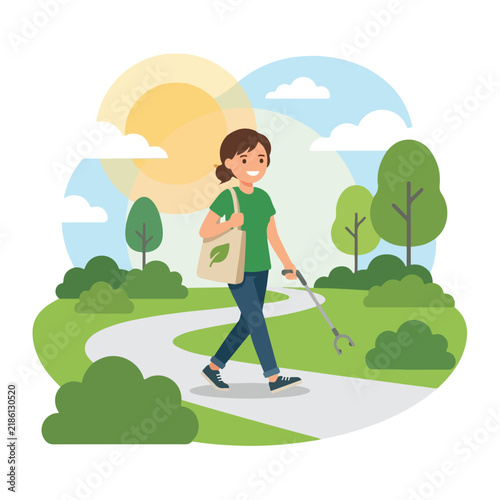 Woman volunteer walking in park with trash grabber and eco tote bag for environmental cleanup illustration