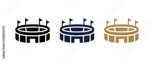Set of three stadium icons in black navy and gold colors with flags on top.