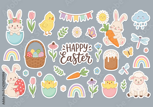 Cute Kawaii Happy Easter Vector Set with Bunnies, Chicks, Easter Eggs, Basket, Carrots, Lamb, Flowers, Rainbows, Bunting Banners, and Spring Holiday Graphic Designs