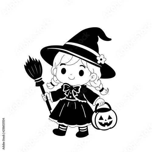 Canvas Print ハロウィンの仮装をした三つ編みの女の子とジャックオーランタン（白黒）