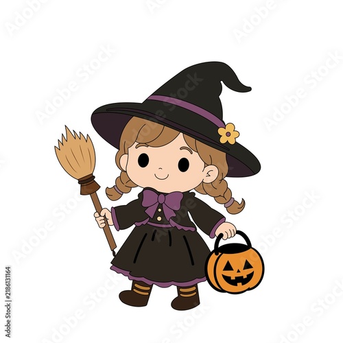 Canvas Print ハロウィンの仮装をした三つ編みの女の子とジャックオーランタン（カラー）
