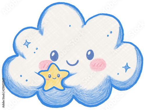 Fotografie Cute Smiling Cloud Character Hugging a Happy Yellow Star