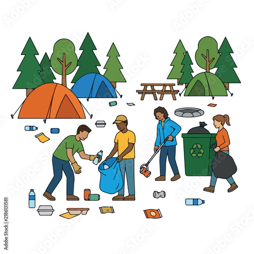 Volunteers Cleaning Up Plastic Trash and Litter at Forest Campsite Vector Illustration