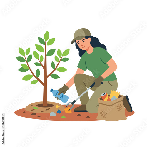 Female volunteer cleaning plastic waste around young tree in flat vector style