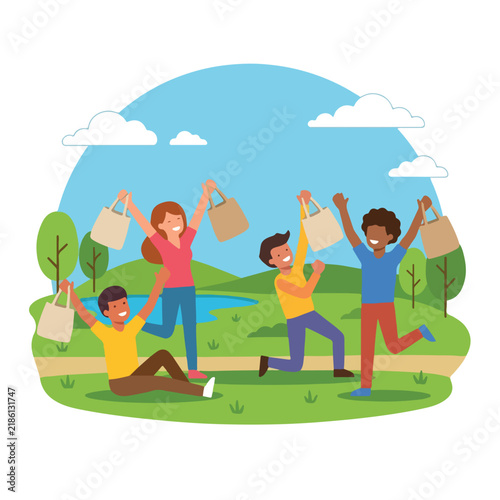 Happy Diverse Group of People Celebrating with Eco Friendly Shopping Bags in Park Flat Vector Illustration