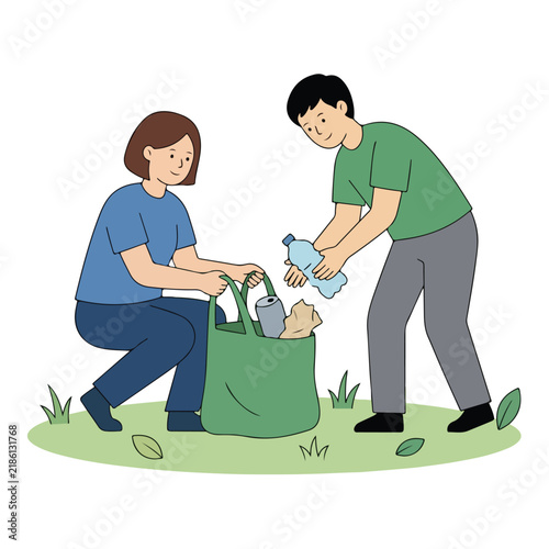 Volunteers collecting plastic garbage and bottles in eco bag outdoors flat vector illustration
