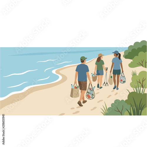 Volunteers cleaning up plastic waste on beach flat vector illustration