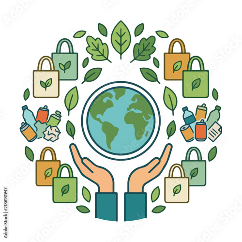 Circular environmental illustration of hands holding Earth with eco shopping bags, leaves, and recycling waste