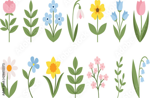 Cute Kawaii Spring Flowers and Botanical Vector Set with Daisies, Tulips, Daffodils, Leafy Stems, Wildflowers, and Garden Graphic Designs