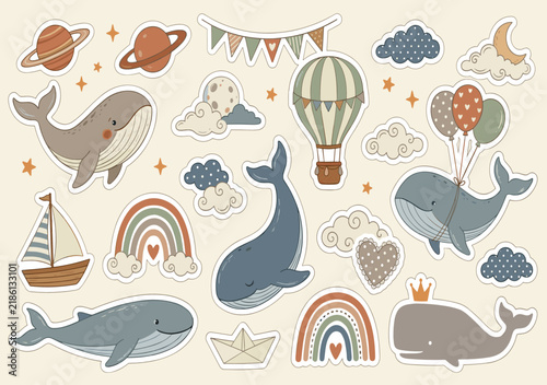 Cute Kawaii Baby Nursery Vector Set with Whales, Hot Air Balloon, Rainbows, Sailboat, Planets, Clouds, Stars, Bunting Banners, and Kids Graphic Designs