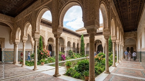 Ornate Moorish Courtyard with Arches and Garden Oasis