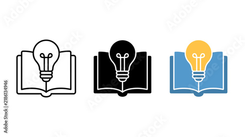 Set of open book and light bulb icons for creative learning