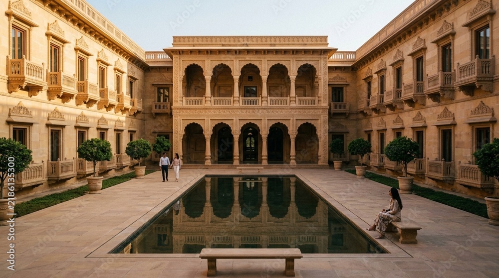 Fototapeta premium Serene Courtyard of Ancient Palace with Reflecting Pool and People