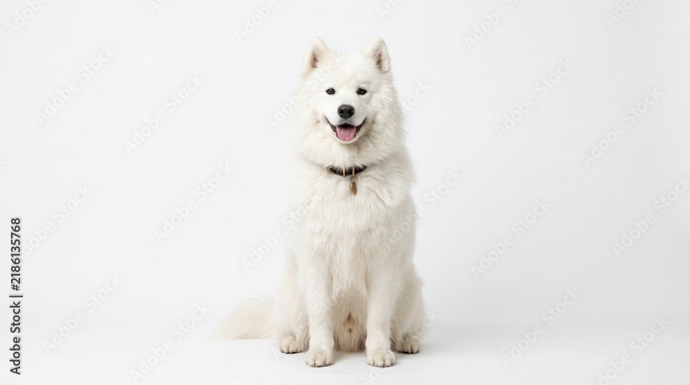 Fototapeta premium Happy Samoyed dog sitting in studio with white background, portrait