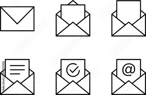 Set of envelope and mail icons in linear style for communication and messaging user interfaces