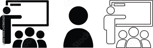 Three teacher and student classroom icons representing education, training, and group instruction
