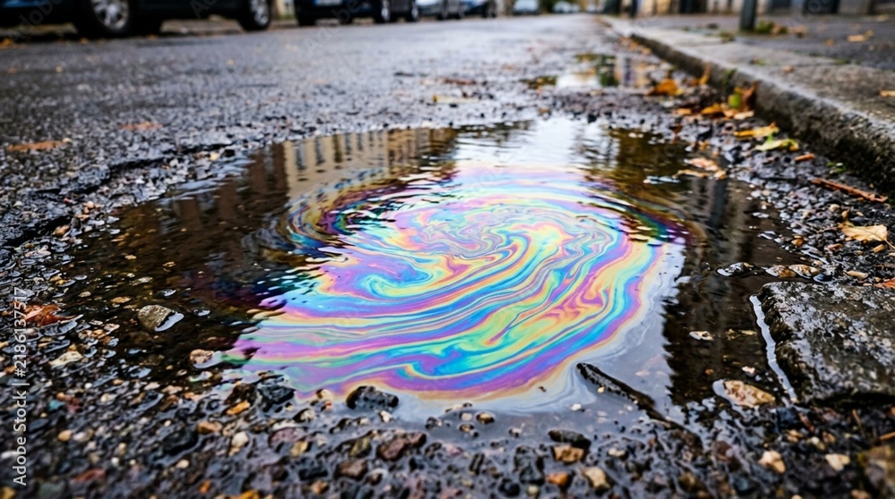 Obraz premium Oil Slick Rainbow Swirl in Puddle on Grungy Asphalt Street